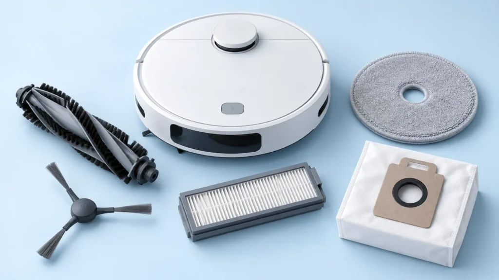 Robot vacuum with brush, filter, mop pad and dust bag
