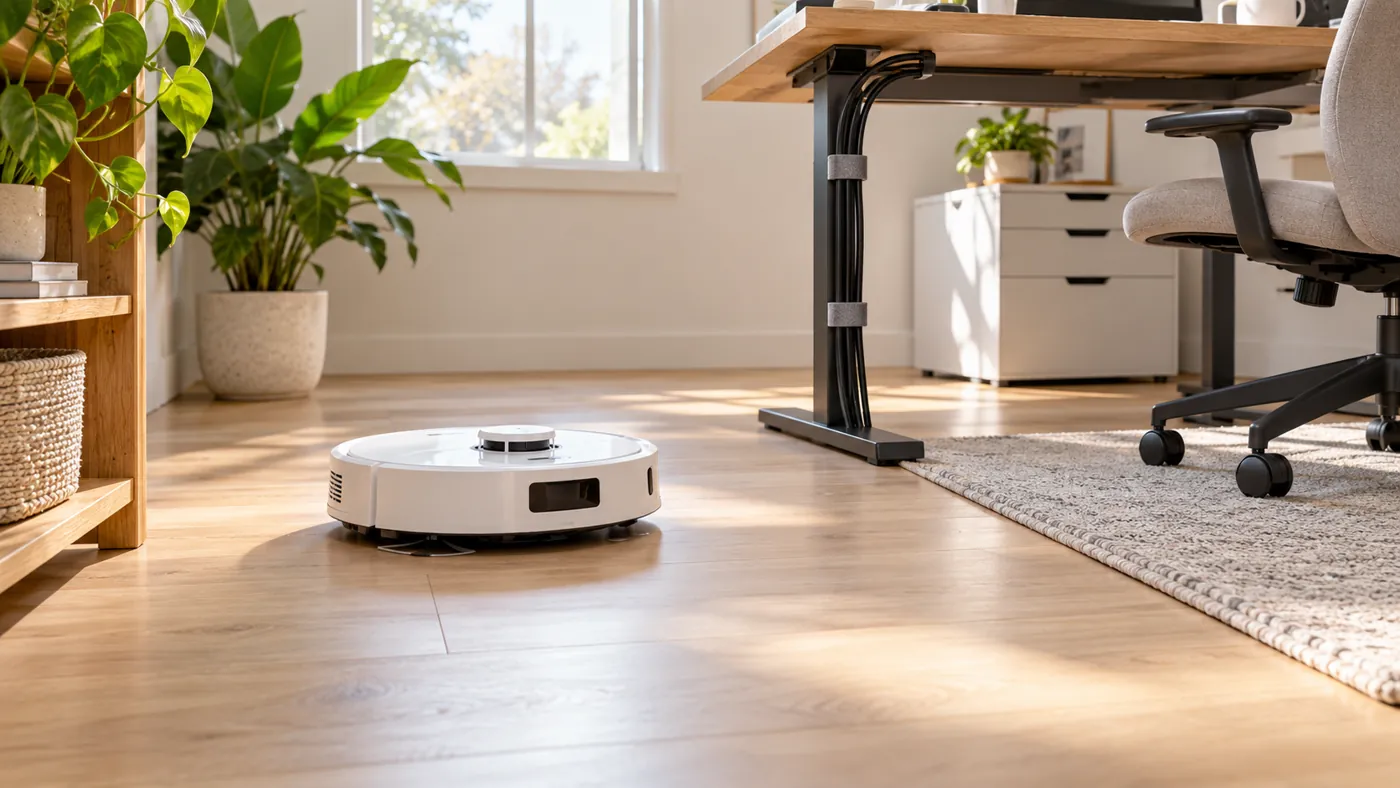 Robot vacuum on clear hard floor with desk cables secured above its route