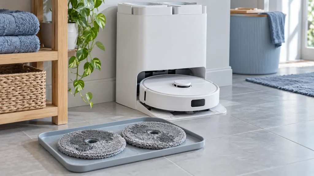 Roborock Q Revo-style robot and dock beside two damp mop cloths