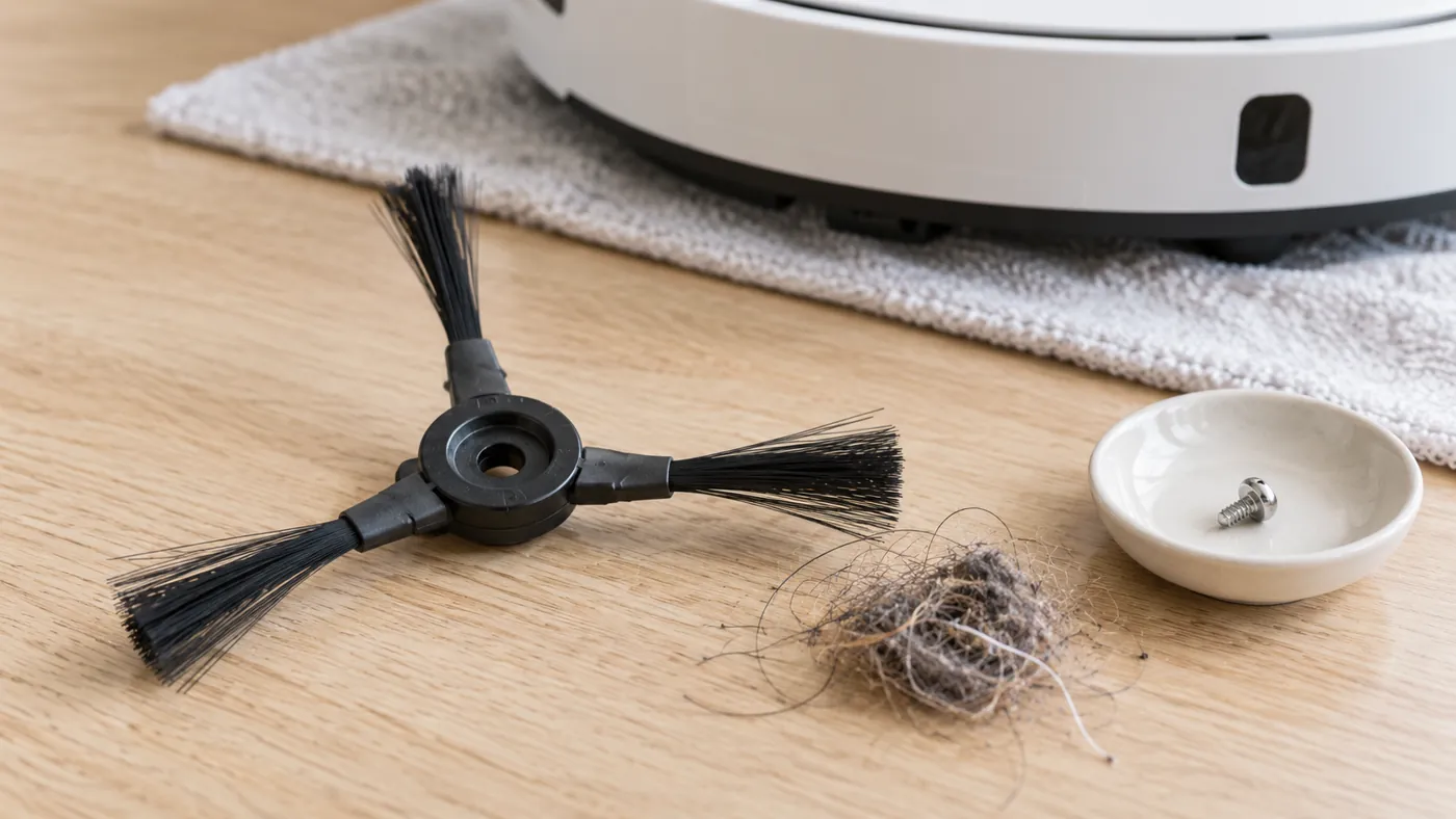Removed three-arm robot vacuum side brush beside hair and its retaining screw