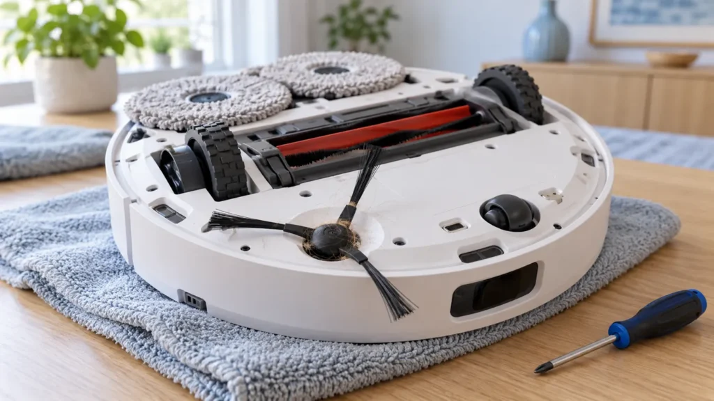 Roborock Q Revo-style robot with hair caught around its side brush