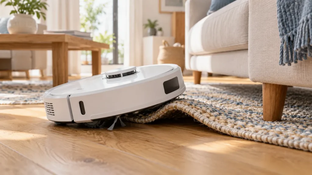 Roborock Q Revo-style robot stranded on a folded rug edge