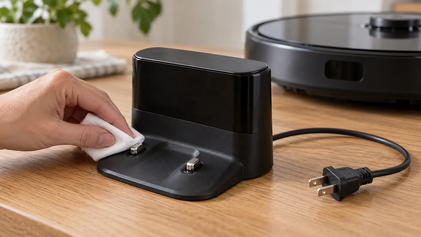 Dry cloth cleaning an accessible charging contact on an unplugged robot vacuum dock