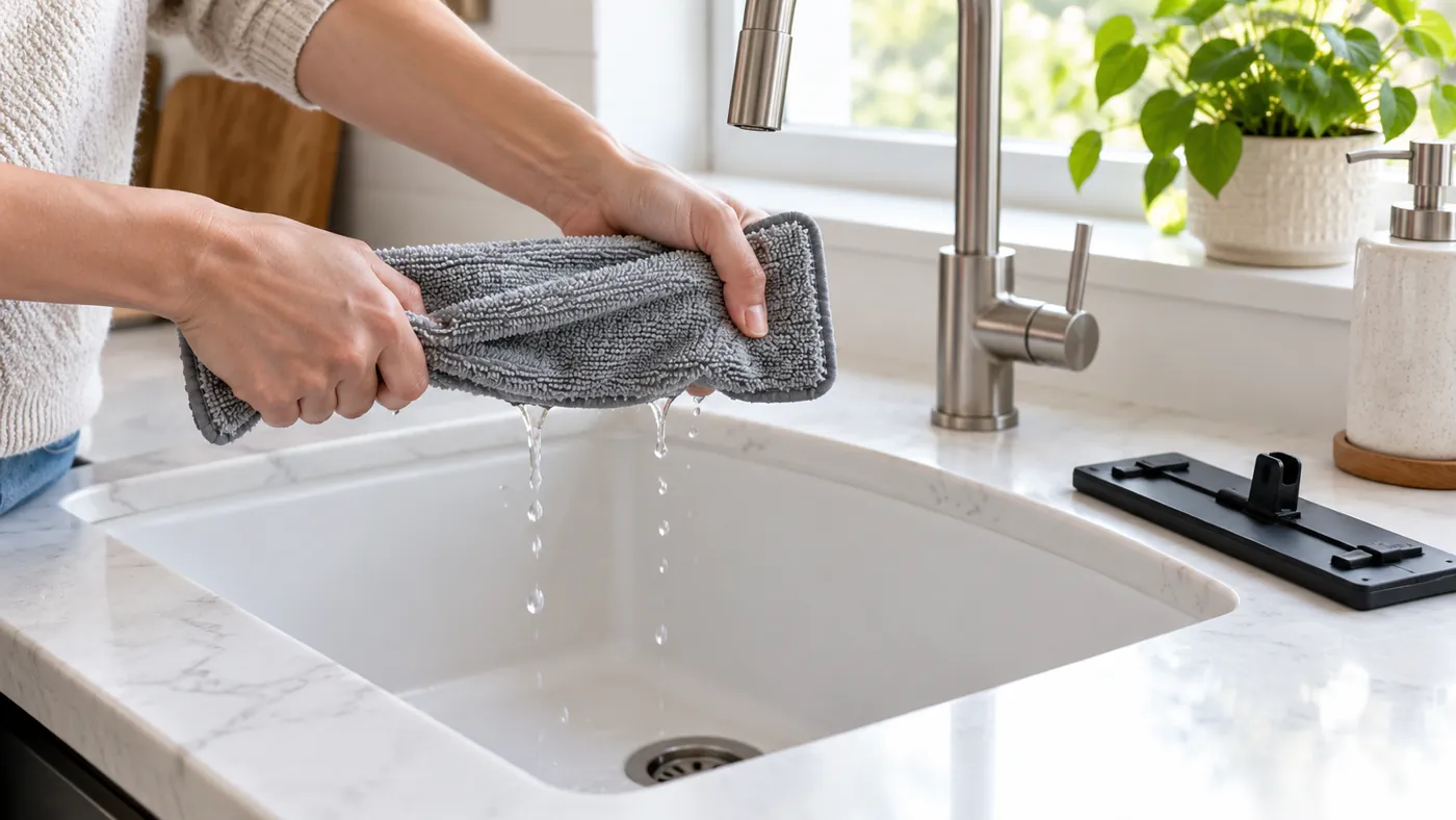 Dampening and wringing a rectangular mop cloth before use