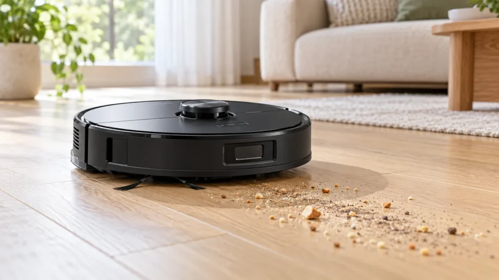Robot vacuum beside dry crumbs on a hard floor