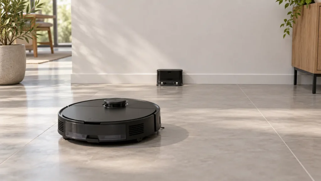 Robot vacuum approaching a compact charging dock in an open area