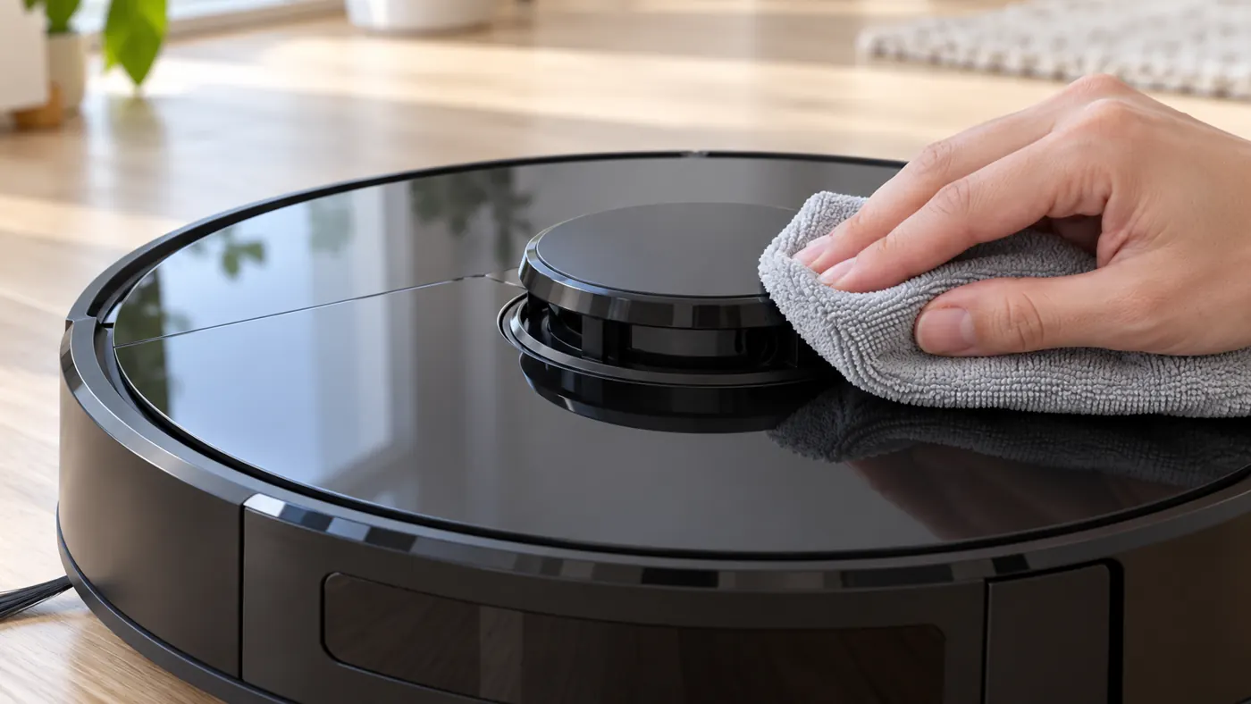 Illustration of gentle exterior care around a robot vacuum lidar turret