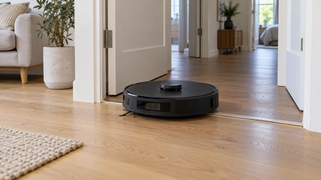 Robot vacuum approaching an open doorway for room mapping