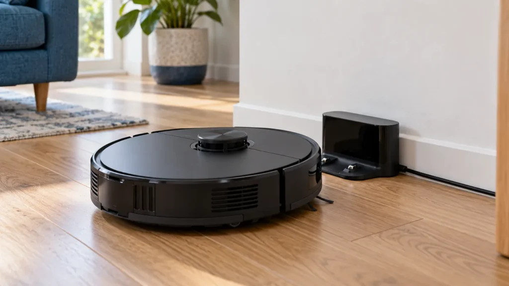 Roborock S8-style robot slightly misaligned with a compact charging dock