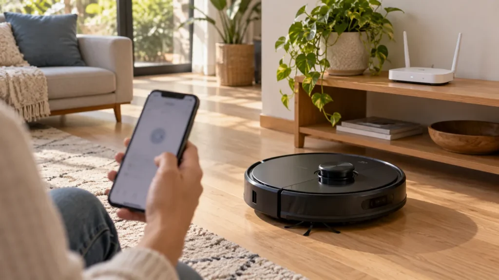 Roborock S8-style robot with a phone and home Wi-Fi router