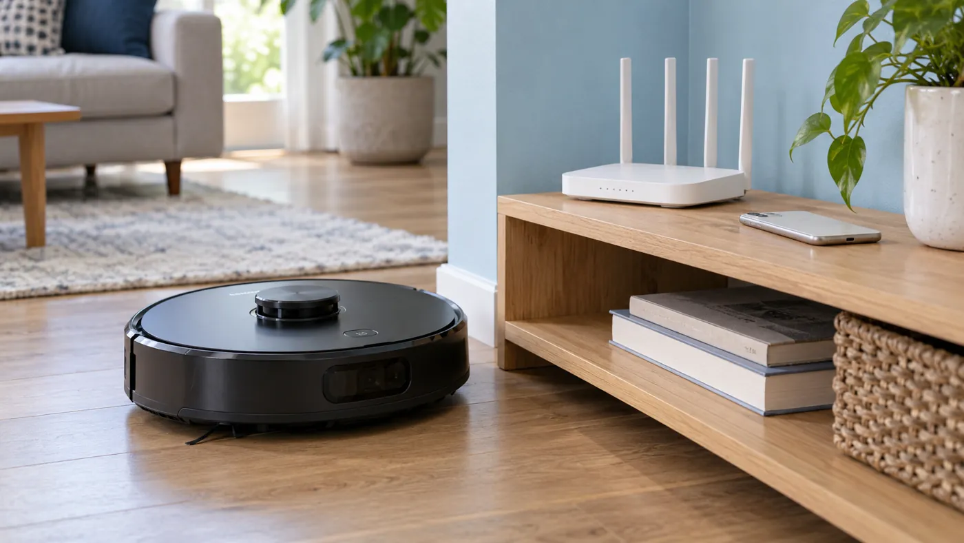 Robot vacuum on clear floor near a home router for a Wi-Fi pairing check
