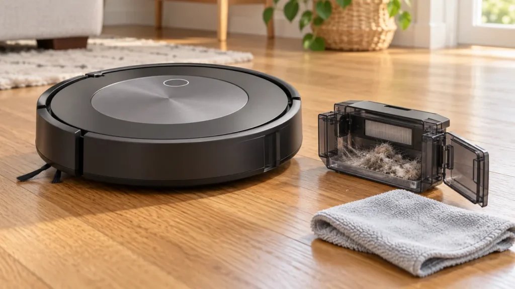 Robot vacuum beside a removed dustbin containing dry lint