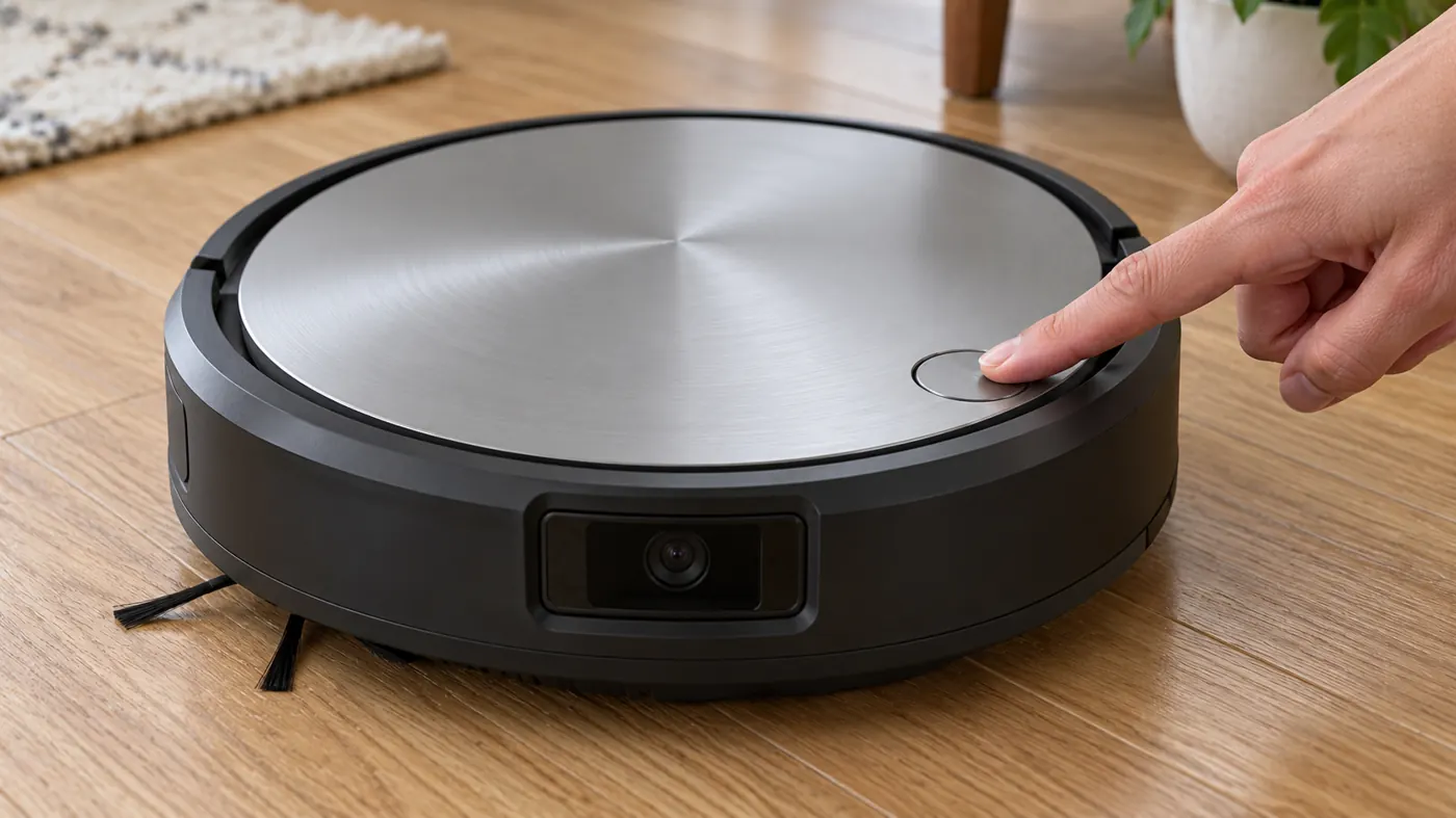 Illustration of the single button on a flat-top robot vacuum
