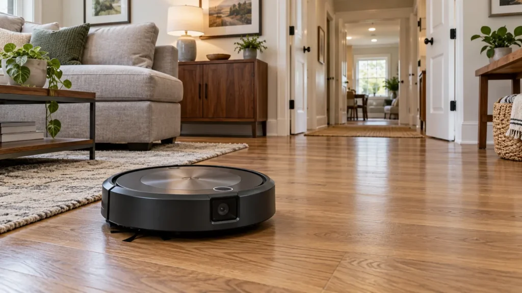Flat-top robot vacuum in a bright room with an open hallway
