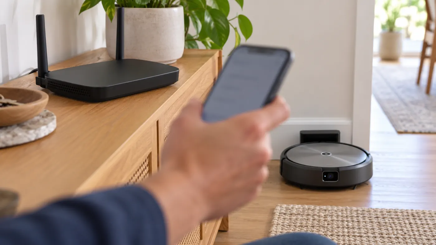 Checking a phone beside a home router and docked robot vacuum