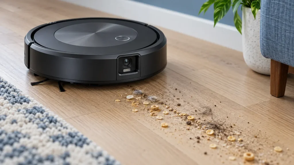 Roomba j7-style robot vacuum leaving crumbs and pet hair on the floor