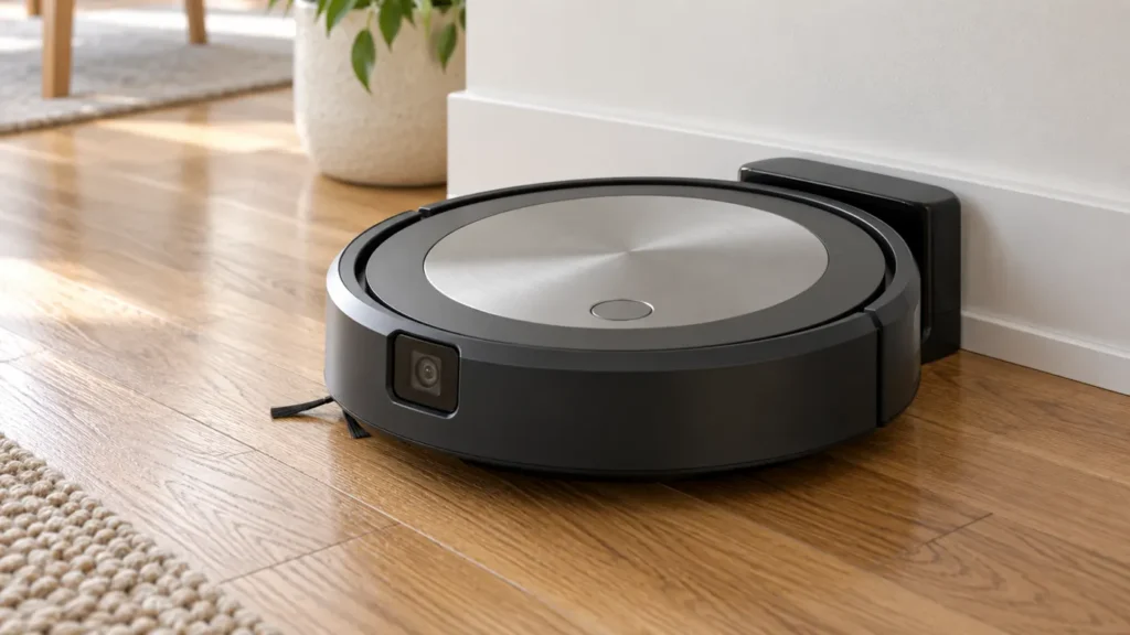 Robot vacuum resting on a compact charging base