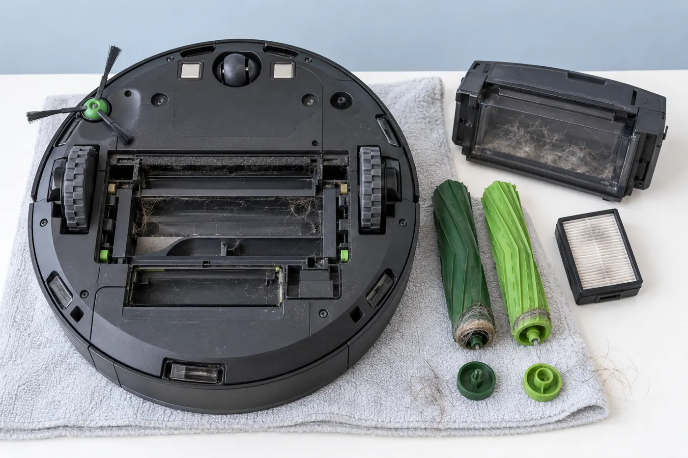 Illustration of the Roomba j7 rubber rollers, dust bin and dry filter removed for pickup checks
