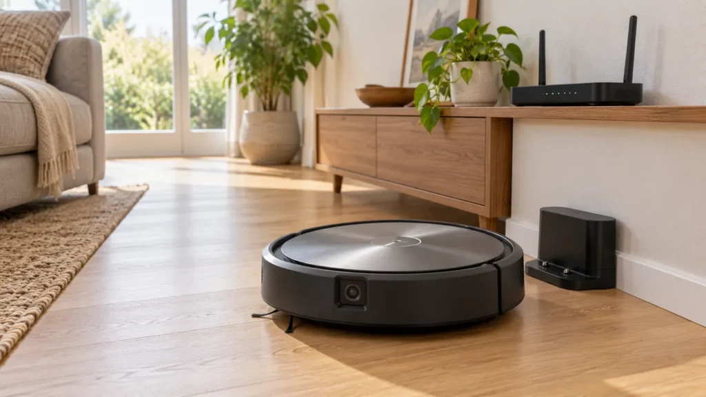 Flat-top robot vacuum and compact base near a home router