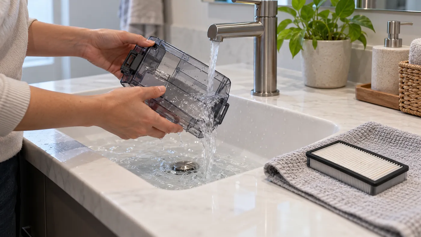 Illustration of a detached robot vacuum dust bin being rinsed separately from its filter