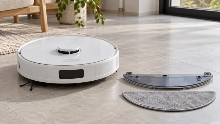 Flat robot vacuum mop cloth and holder beside a white robot vacuum