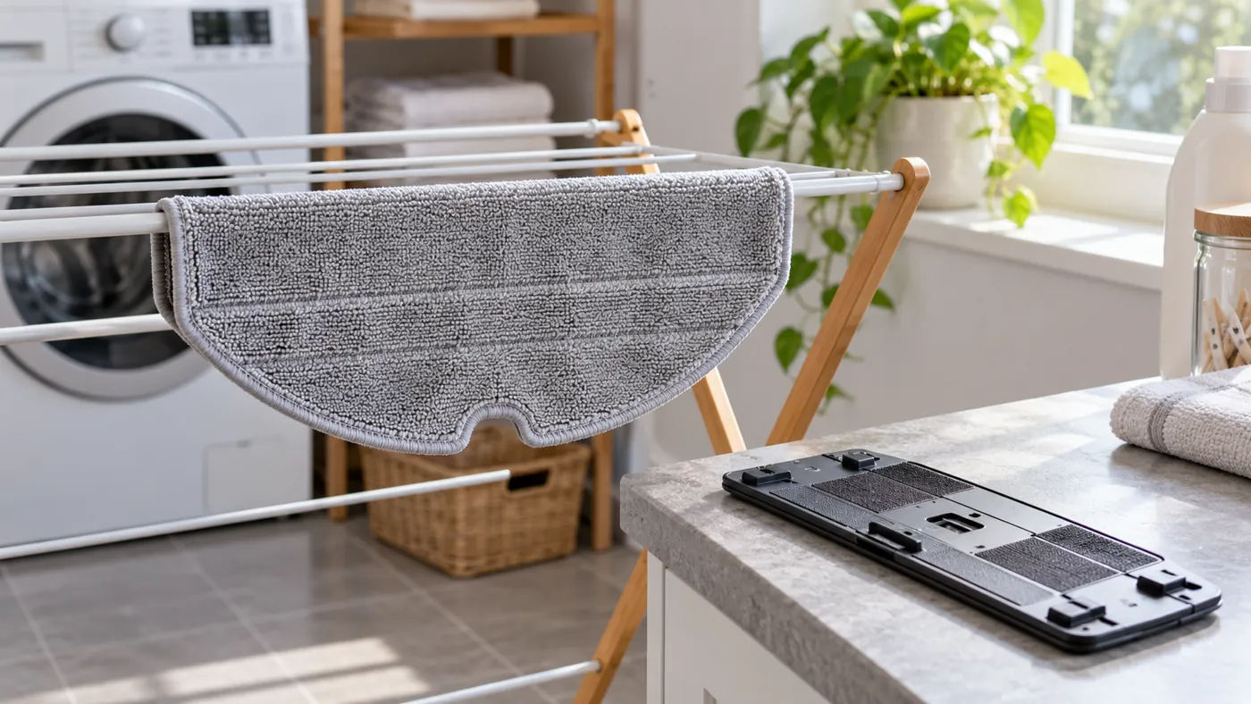 Clean flat microfiber robot vacuum mop cloth drying beside its holder