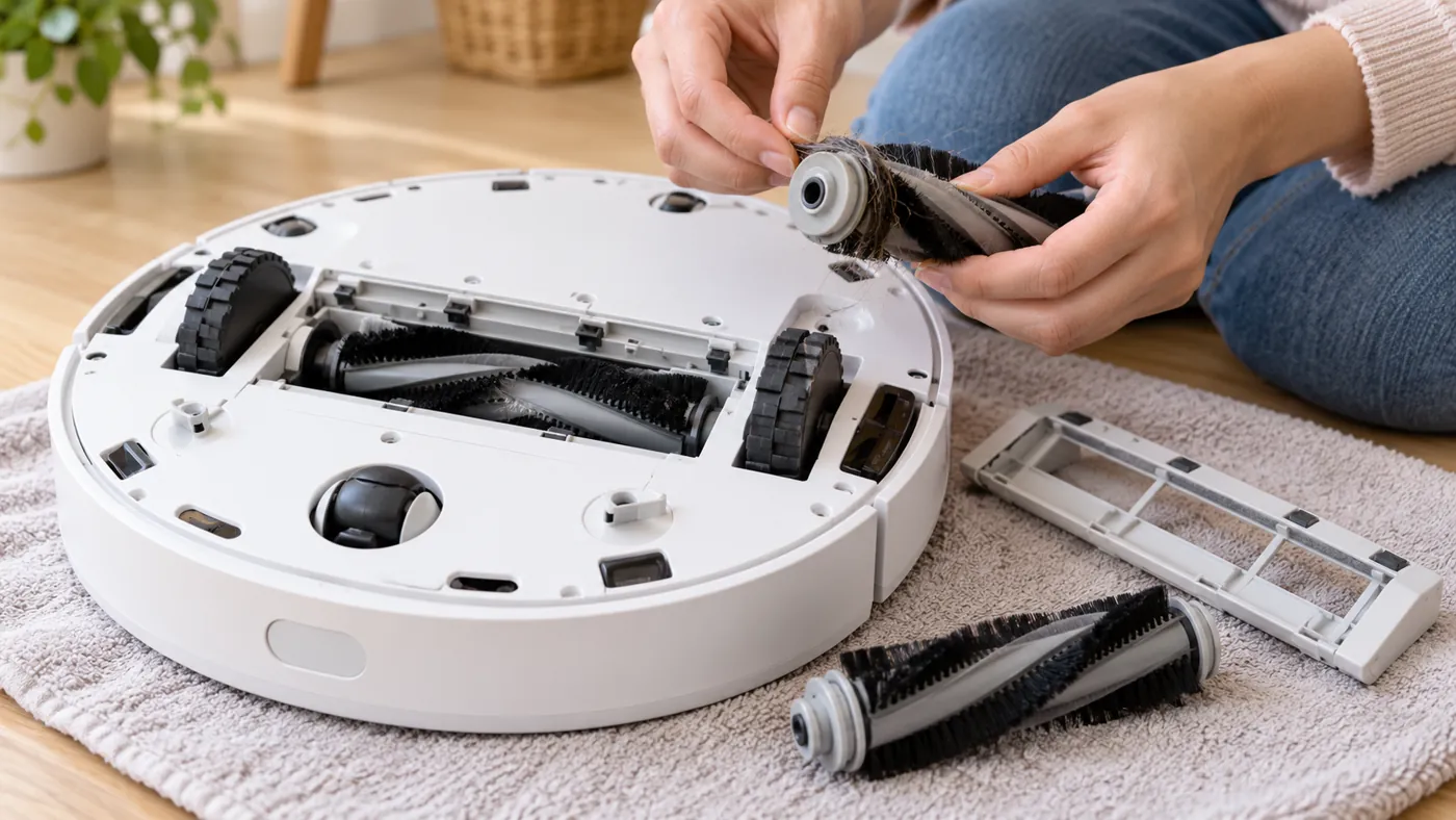 Illustration of inspecting a robot vacuum roller for trapped thread