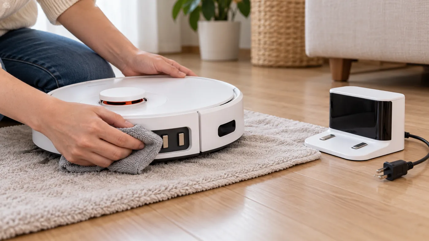 Illustration of cleaning robot vacuum charging contacts with a dry cloth