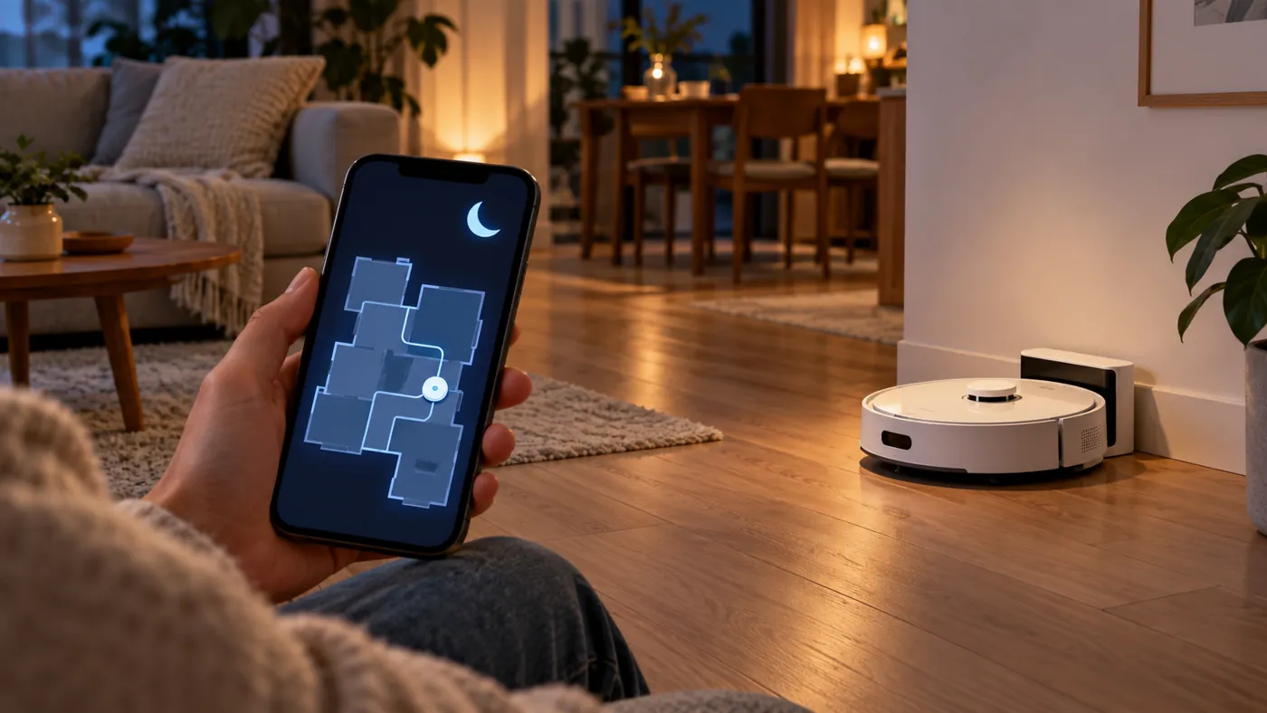 Illustration of reviewing a robot vacuum map and quiet-hours setting while it charges