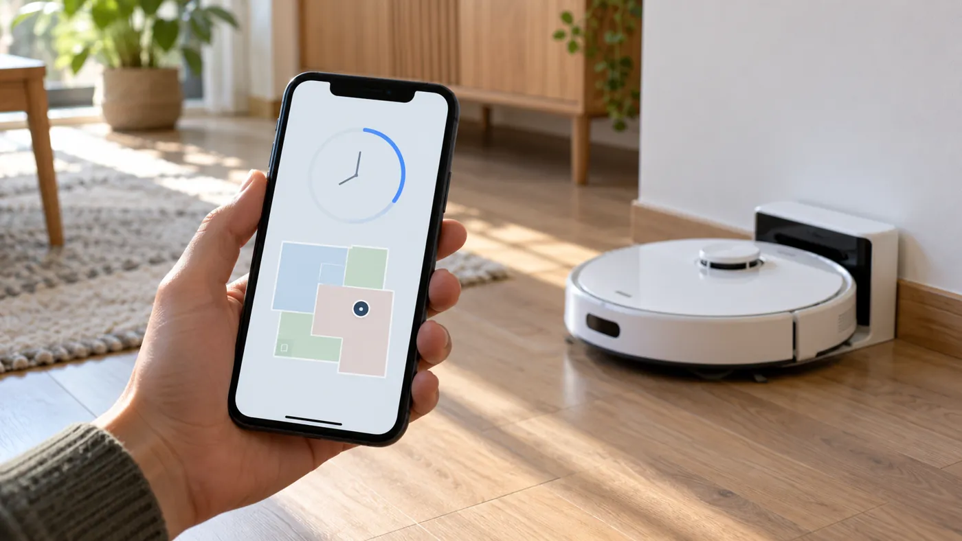 Illustration of reviewing a robot vacuum timer and room selection on a smartphone