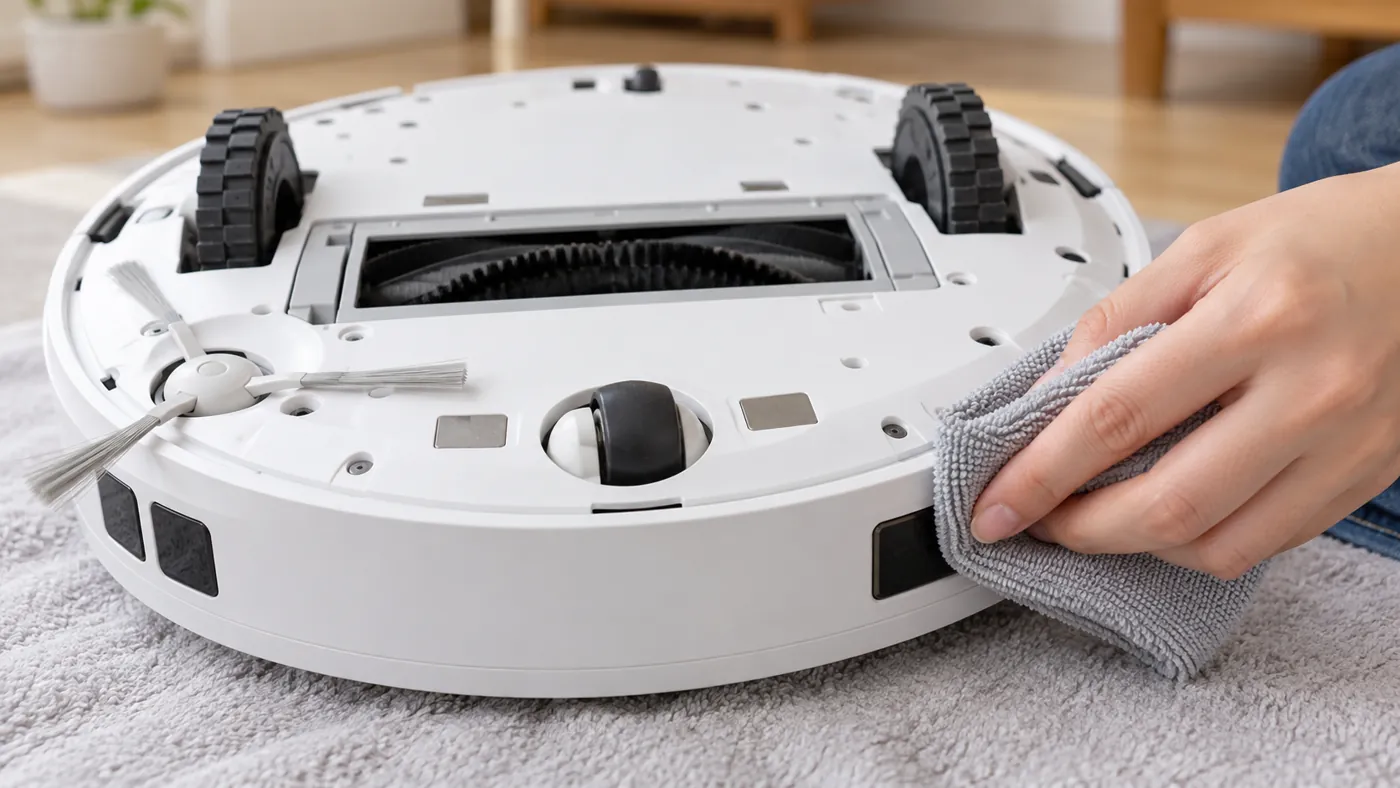Illustration of gently wiping an underside robot vacuum sensor with a dry cloth