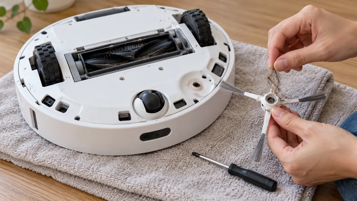 Illustrative setup for removing hair from a robot vacuum side brush