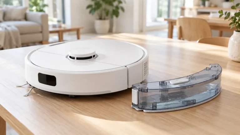 Robot vacuum and removable water tank prepared for routine maintenance