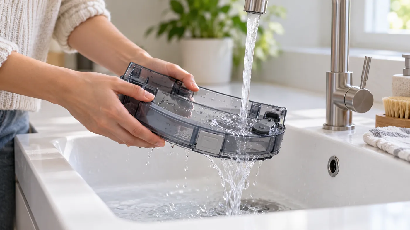 Hands rinsing a removable robot vacuum water tank with clean water